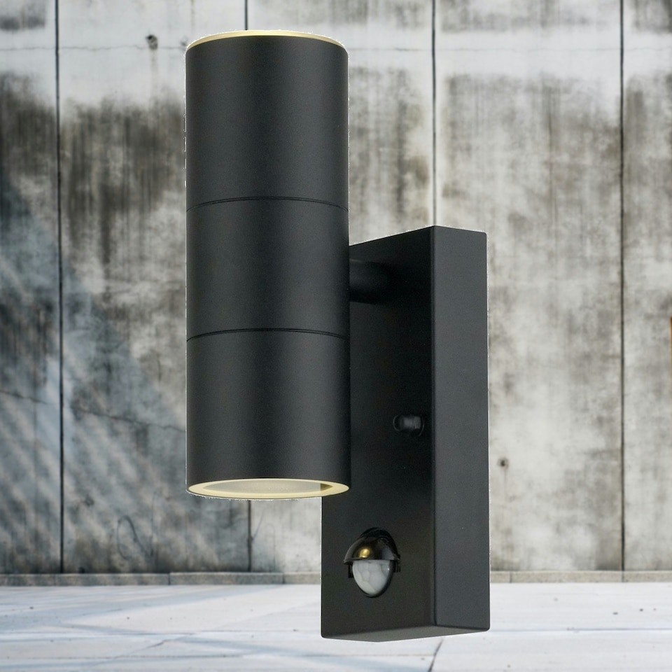 image 1 of First Choice Lighting Set of 2 Blaze Black Outdoor Up Down Motion Sensor Wall Lights Black | Clear