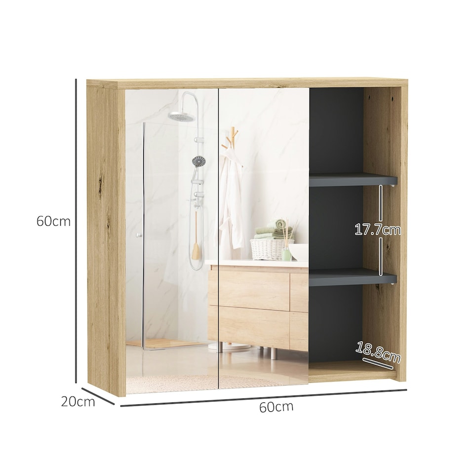 image 1 of HOMCOM Bathroom Cabinet Wall Mounted Mirror Storage with Shelves Natural