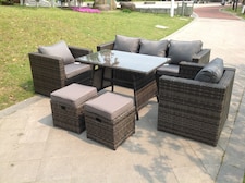 Fimous Dark Mixed Grey Rattan Garden Outdoor Sofa Set Chairs Rectangular Dining Table 2 Small Footstools 7 Seater