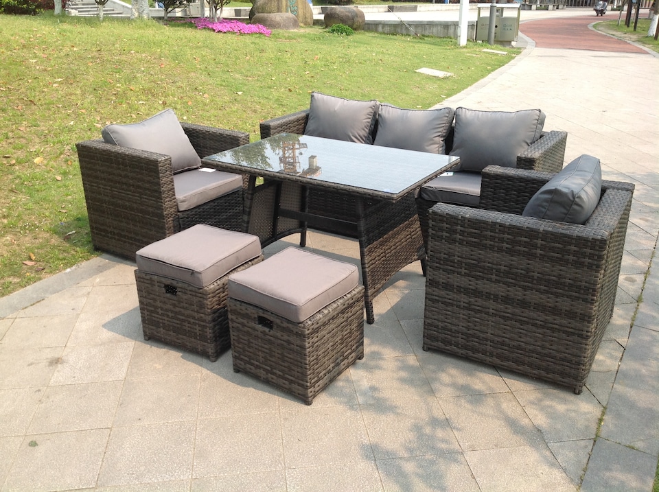 Fimous Dark Mixed Grey Rattan Garden Outdoor Sofa Set Chairs Rectangular Dining Table 2 Small Footstools 7 Seater