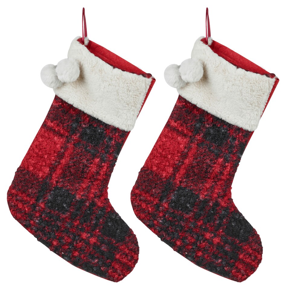 image 1 of 40cm Luxury Red Black Tartan Christmas Stocking Hanging Sock Sack Xmas Gift Faux