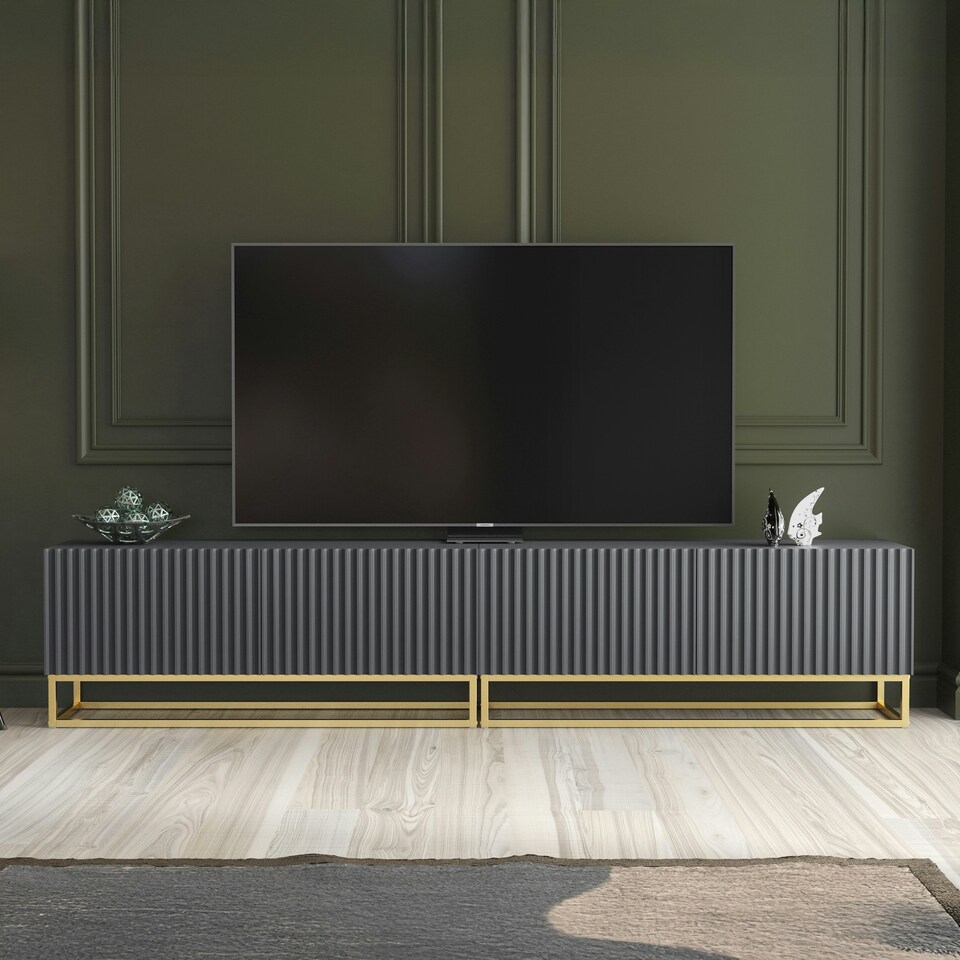 image 1 of Modular TV Unit 200cm Grey Matt with Fluted Fronts and Gold Base Grey