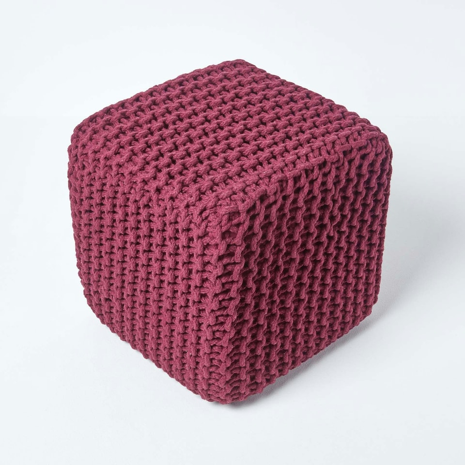 image 1 of Homescapes Plum Cube Cotton Knitted Pouffe Footstool