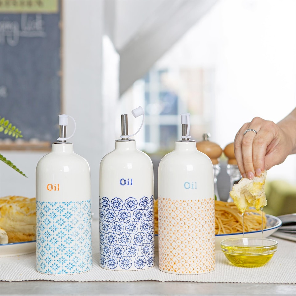 image 1 of Nicola Spring Hand-Printed Olive Oil Pourer Bottles - 500ml - 3 Colours - Pack of 3