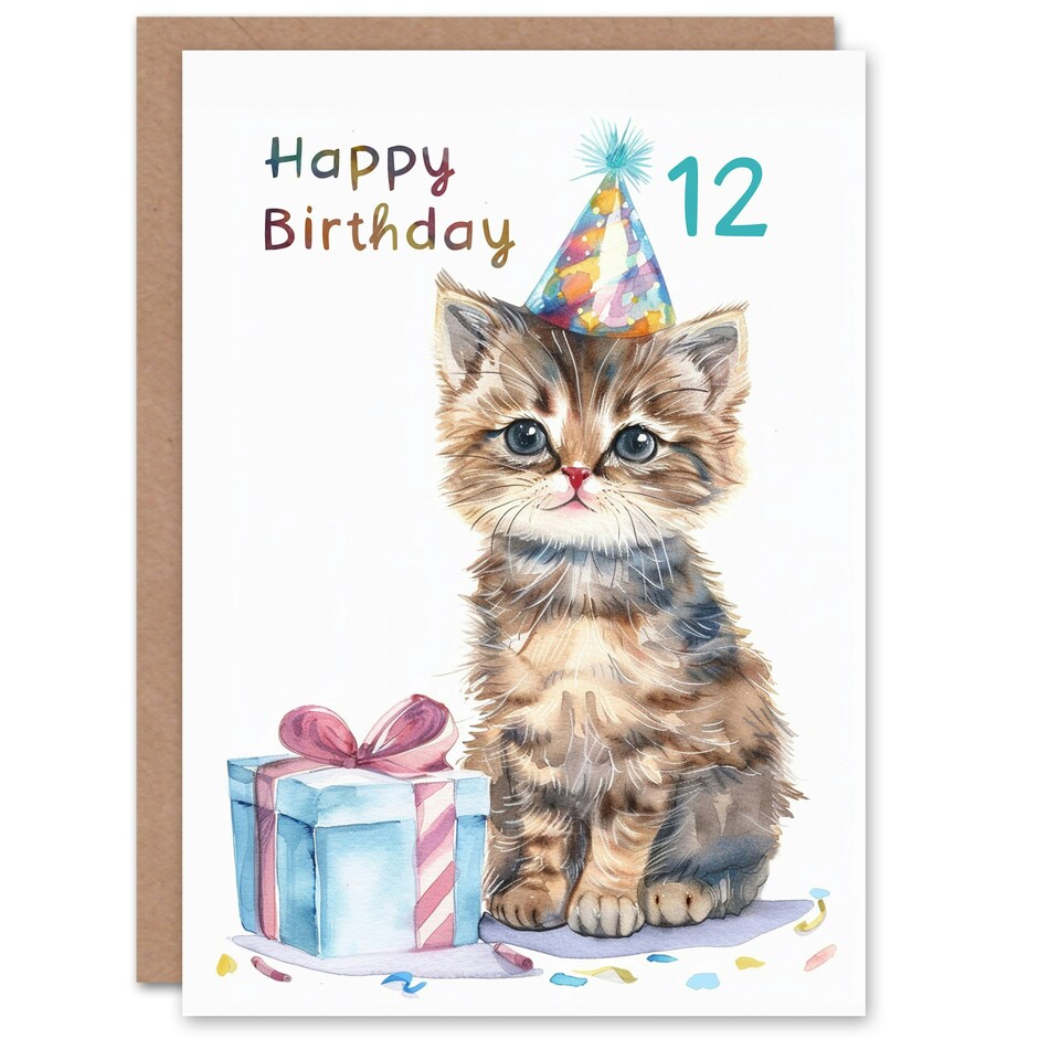 image 1 of Cute Baby Cat Kitten Party Hat Gift 12 Year Old Birthday Greeting Card