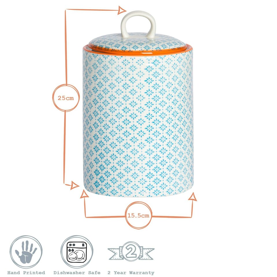 image 1 of Nicola Spring Hand-Printed Kitchen Canister - 15.5cm - Blue