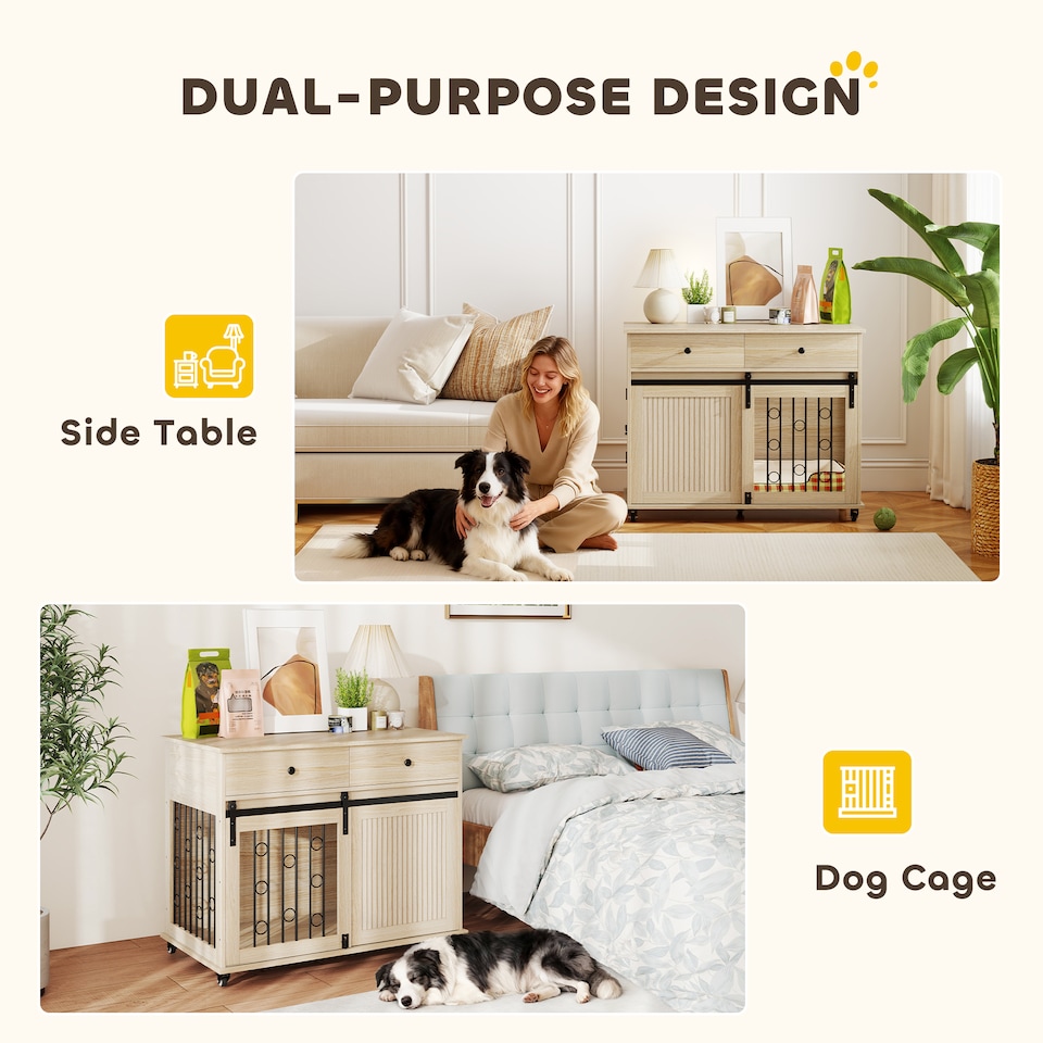 image 1 of PawHut Dog Crate Furniture on Wheels, Dog Cage with 2 Drawers, Sliding Door, Indoor Kennel End Side Table for Medium Large Breeds, Oak Tone
