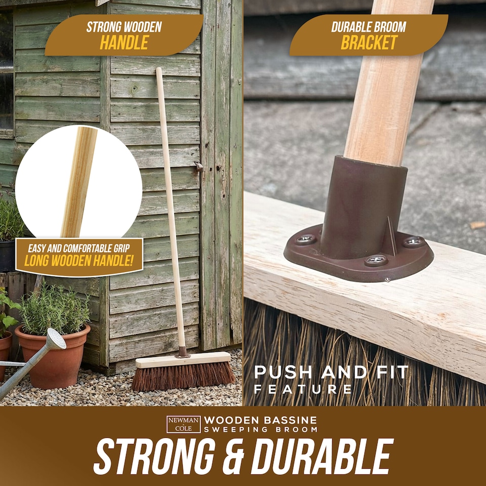 image 1 of Natural Bassine 18" Outdoor Heavy Duty Stiff Broom with Wooden Handle