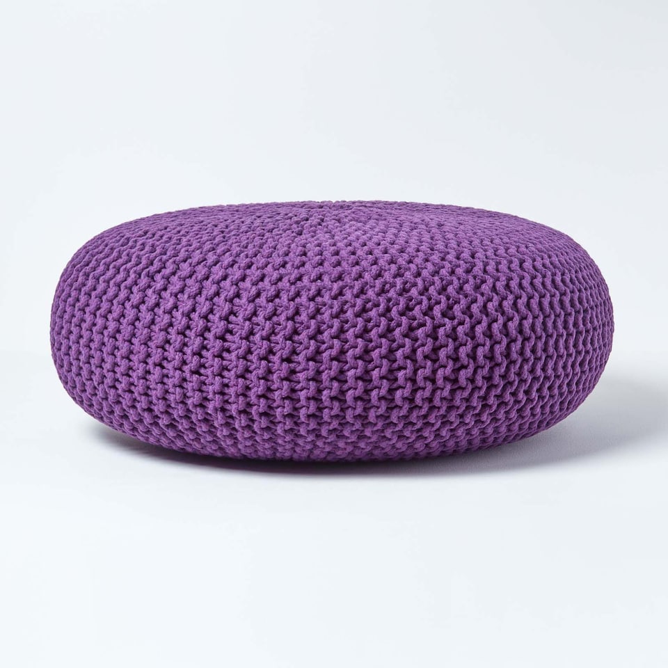 image 1 of Homescapes Deep Purple Large Round Cotton Knitted Pouffe Footstool