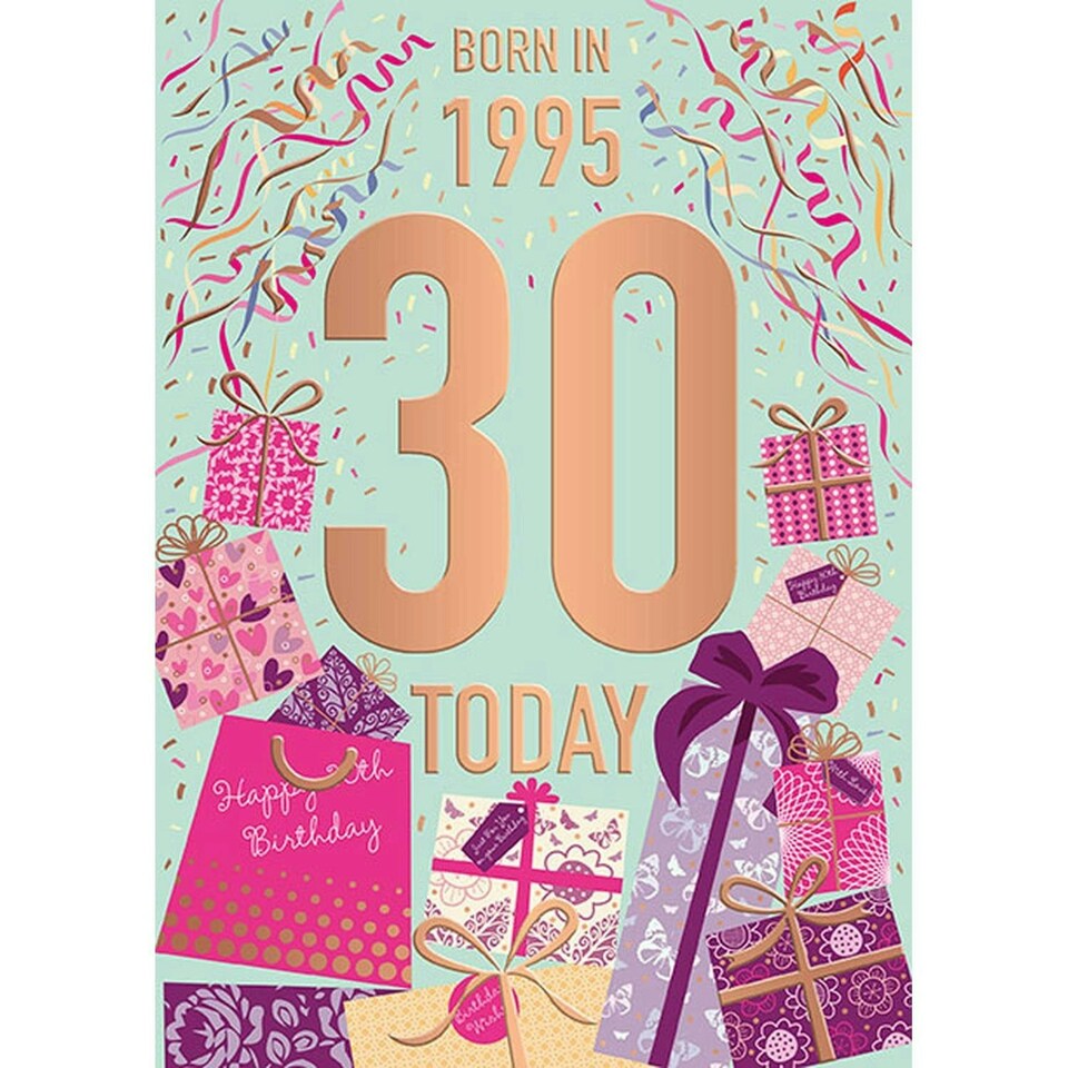 Words 'n' Wishes Female 30th Birthday Card, Age 30 Birthday Card for Her with Born in 1995 Confetti and Gifts Design