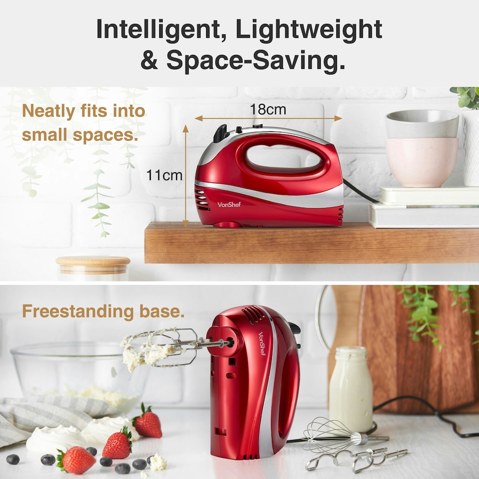image 1 of VonShef 300W Red Hand Mixer Electric Whisk with 5 Speeds