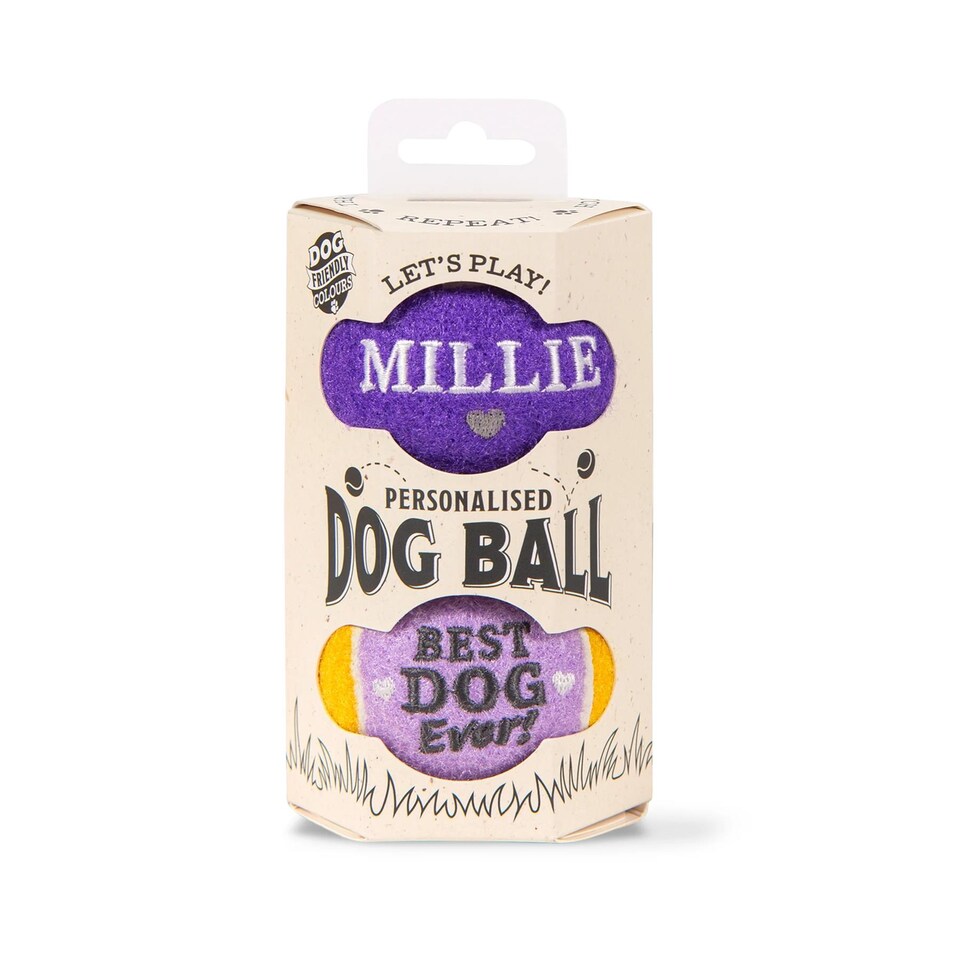 image 1 of Pre-Personalised Dog Ball Gift Pack 2pcs Purple Millie