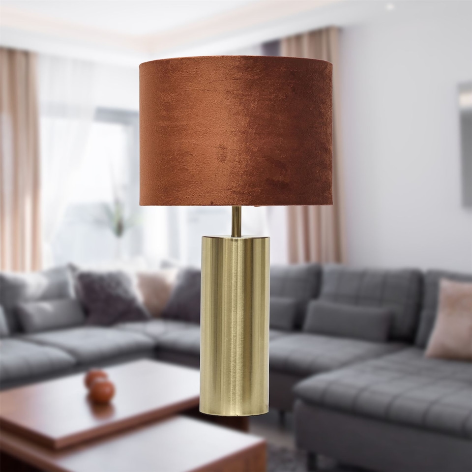 image 1 of Set of 2 Amber - Gold Touch 40cm Table Lamps Orange Velvet Shades
