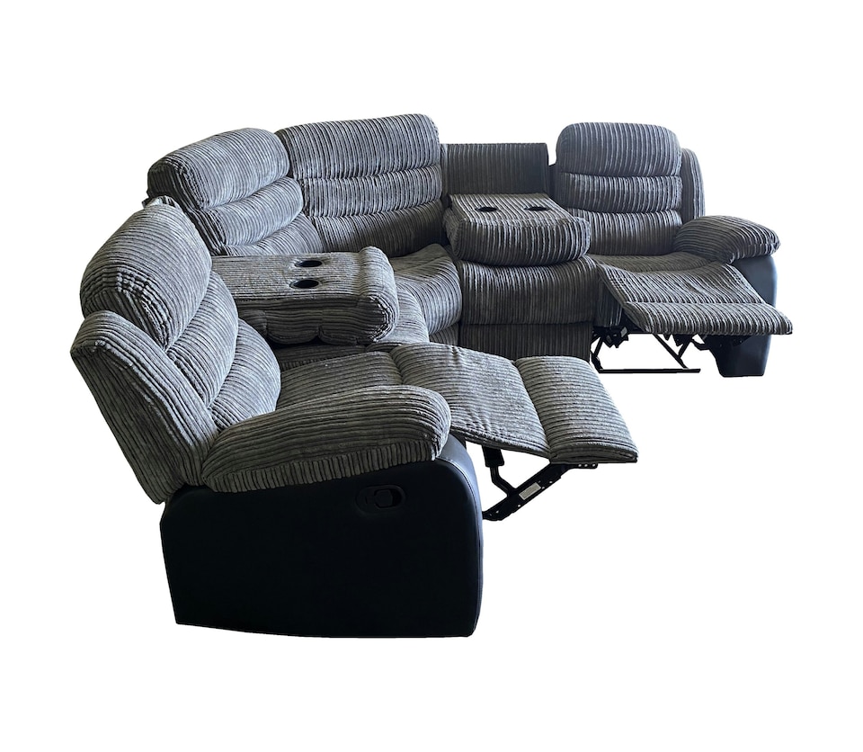 image 1 of Roma 5 Seater Leather Recliner Corner Sofa Set | Multi | Grey Jumbo Cord & Black Aire Leather Trim | Five Plus Seater