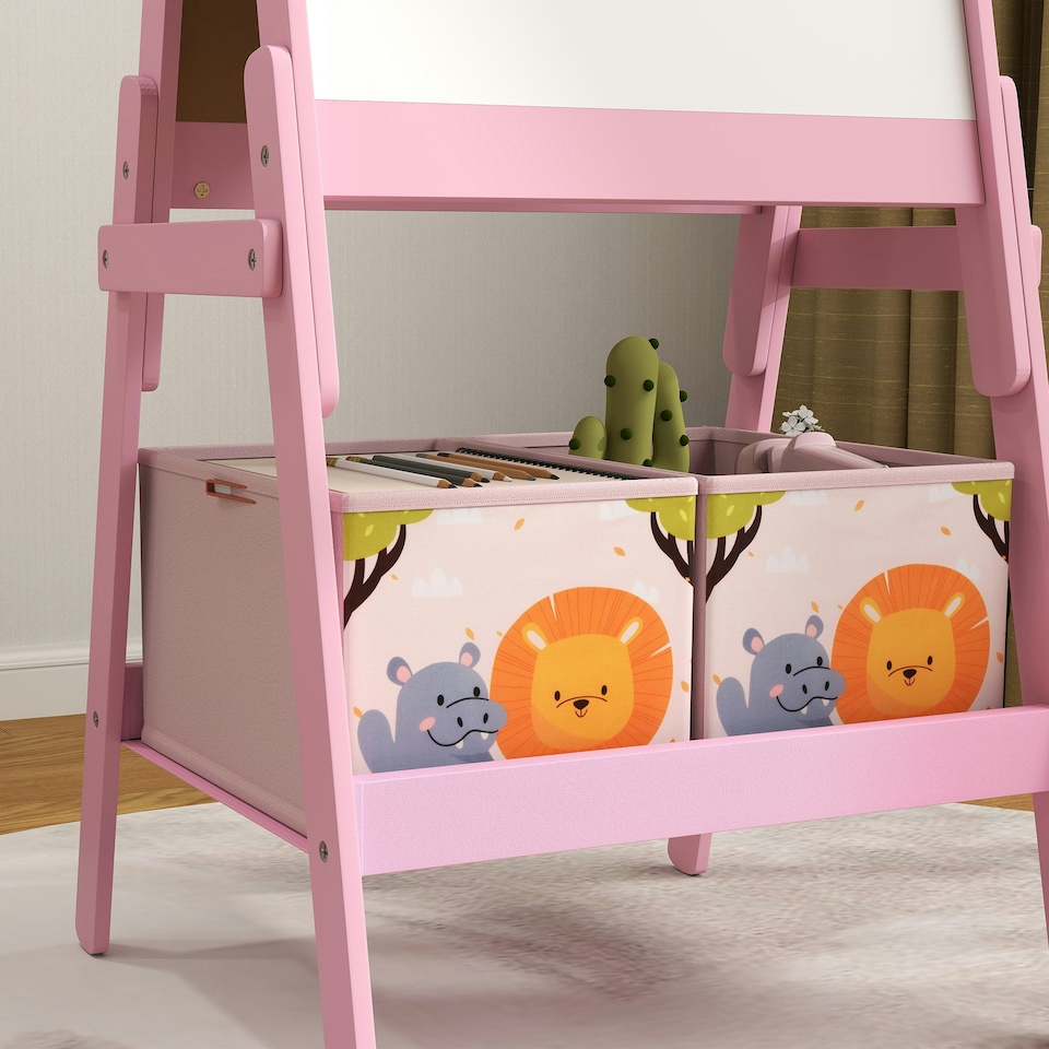 image 1 of AIYAPLAY 2 in 1 Kids Easel with Whiteboard, Chalkboard, Storage Boxes, Pink Pink