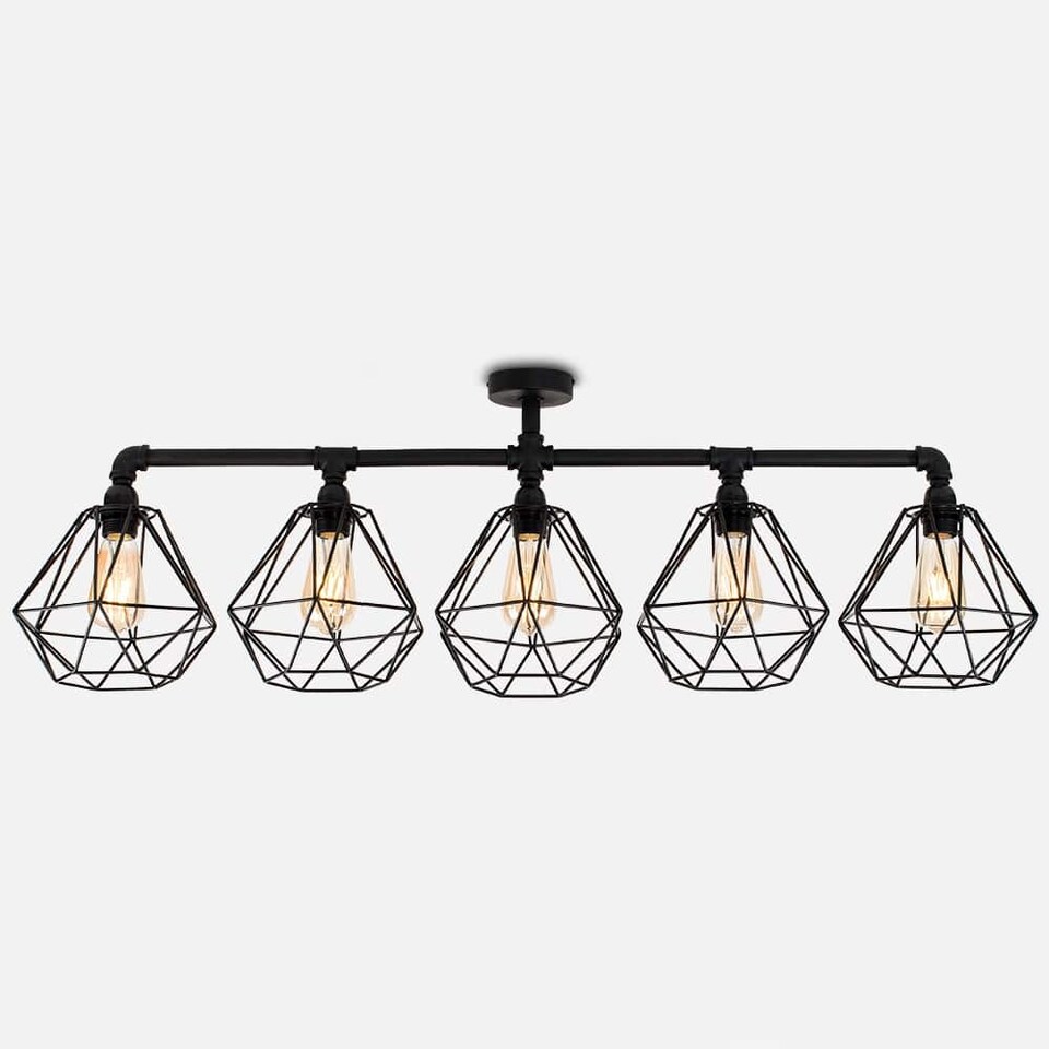 image 1 of ValueLights Luiggi 5 Way Black Ceiling Bar Diablo Black Wire Shades and Bulbs