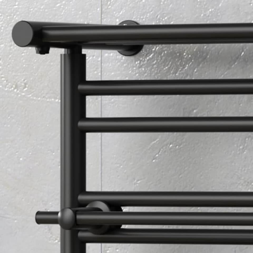 image 1 of 490mm x 680mm Black Heated Towel Rail Radiator Top Shelf & Two Towel Holder OSLO For Bathroom & Kitchen Rag Storage Rack