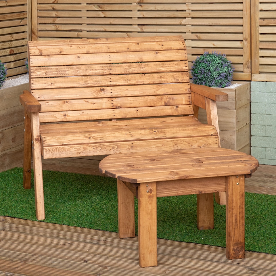 image 1 of 2 Seater Chunky Rustic Wooden Garden Furniture Bench With Coffee Table & Green Cushions