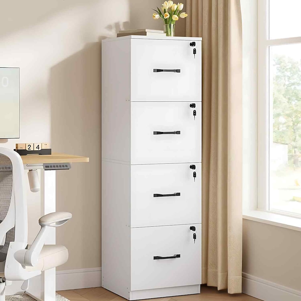 image 1 of Home Office File Cabinet with 4 Lockable Drawers, Printer Stand and Hanging File Storage, Cloud White