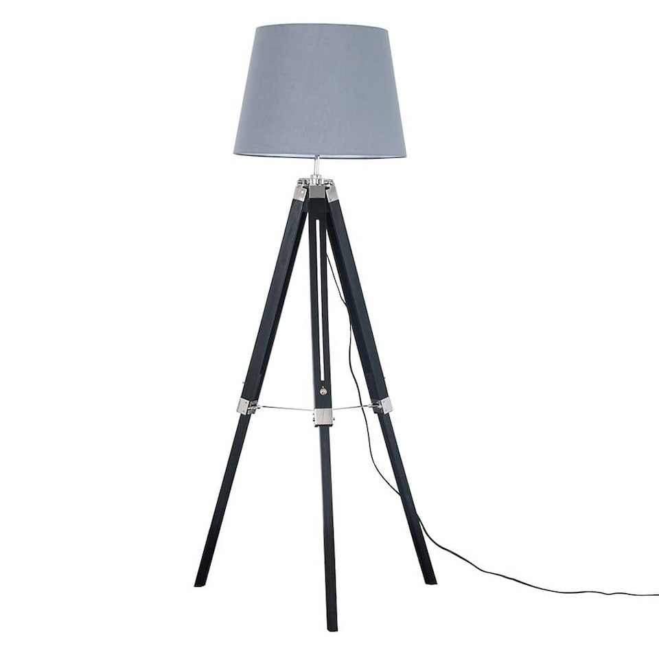 image 1 of ValueLights Clipper Black Tripod Floor Lamp Grey Taper Shade