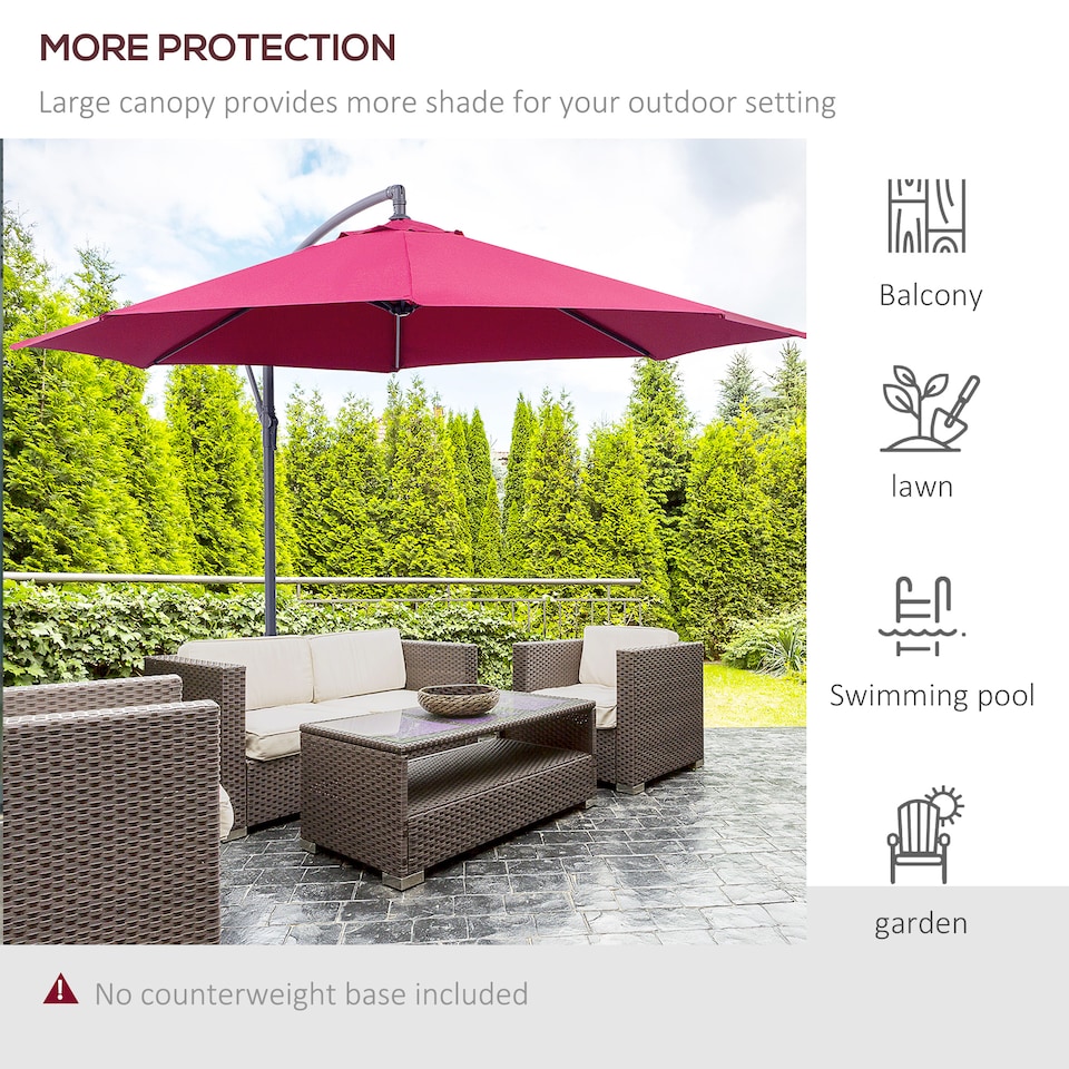 image 1 of Outsunny 3m Garden Banana Parasol Hanging Cantilever Umbrella with Crank Handle and Cross Base for Outdoor, Sun Shade, Wine Red