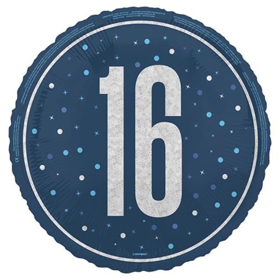 image 1 of Navy Blue Age 16 Holographic Round Foil Helium Balloon 46cm / 18 in | Blue