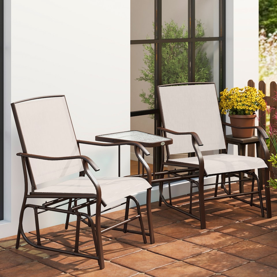 image 1 of Outsunny Outdoor Double Glider Rocking Chairs with Glass Top Middle Table, Metal Gliding Love Seat Conversation Furniture with Breathable Mesh Fabric Seat, for Garden, Patio, Brown