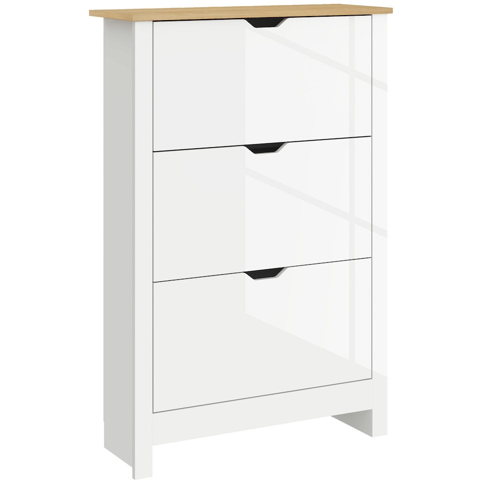 image 1 of HOMCOM 18-Shoe Storage Cabinet 6 Shelves 3 Drawers Tabletop High Gloss White | White | Oak | 1
