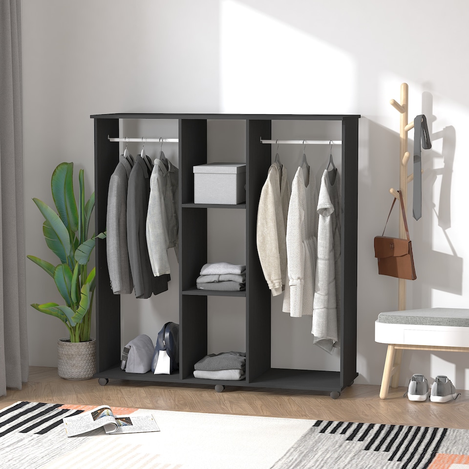 image 1 of HOMCOM Mobile Double Open Wardrobe w/ Clothes Hanging Rail Colthing Black