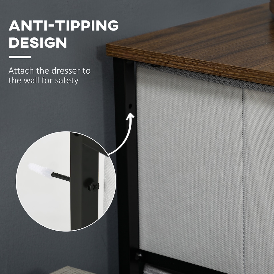 image 1 of HOMCOM Fabric Chest of Drawers, Industrial Bedroom Dresser with 5 Fabric Drawers, Steel Frame and Wooden Top for Nursery, Living Room, Hallway, Grey