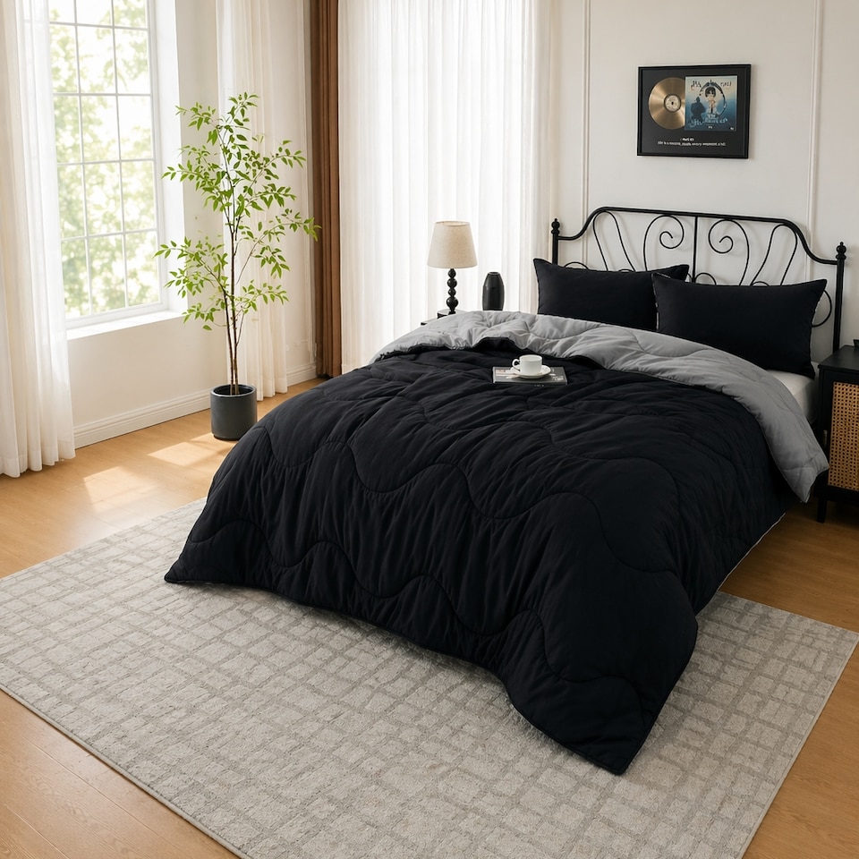 image 1 of 10.5 Tog Supersoft Microfibre Duvet with Pillowcases – Coverless or Use with Duvet Cover | Black | Grey | Single