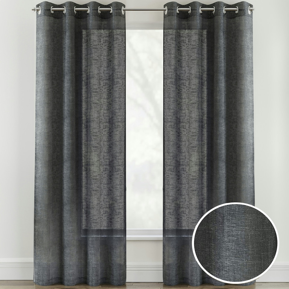 image 1 of Pair of Crete Charcoal Linen Look Voile Panels 137 cm (54 inch) Eyelet Panels for Bedroom and Living Room