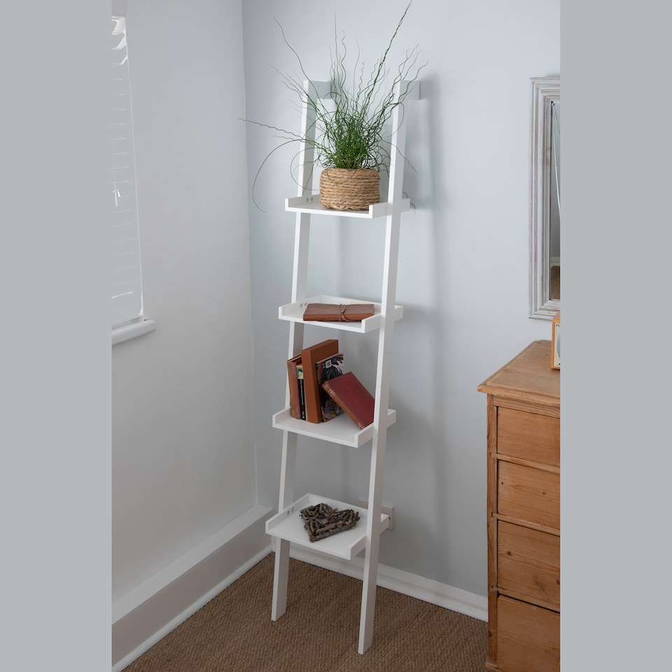 image 1 of Sennen Wooden 4 tier Ladder Shelf / Leaning Bookcase | White