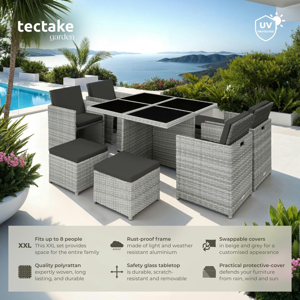 image 1 of Garden Table & Chairs Manhattan - 8 seats with cushions, dining table, rain cover - Light Grey