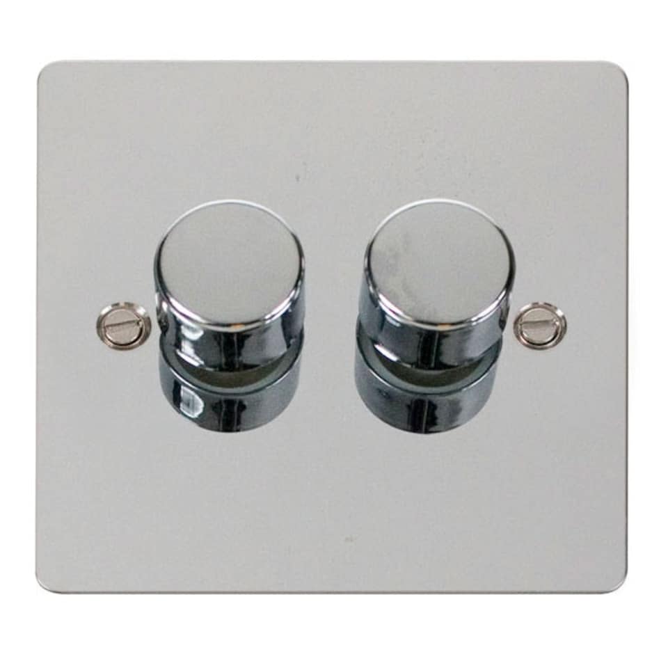 SE HOME Flat Plate Polished Chrome 2 Gang 2 Way LED 100W Trailing Edge Dimmer Light Switch - SE Home Black | Polished Chrome