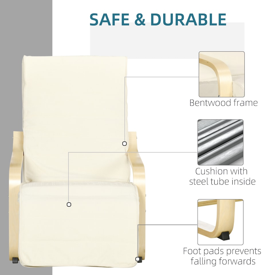 image 1 of HOMCOM Wooden Armchair, Upholstered Linen Lounge Chair with Adjustable Footrest & Removable Cushion, Poang Chair for Living Room, Cream White