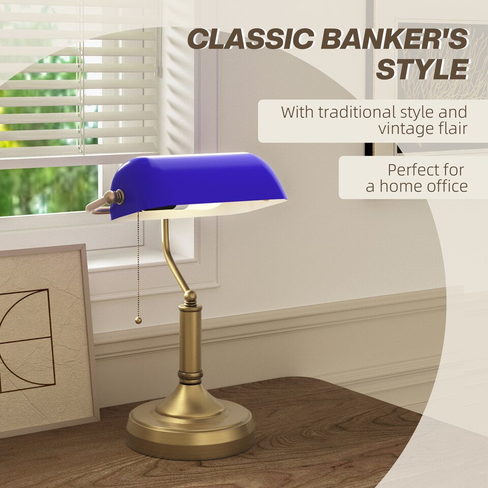 image 1 of HOMCOM Banker's Table Lamp w/ Antique Bronze Tone Base, Blue