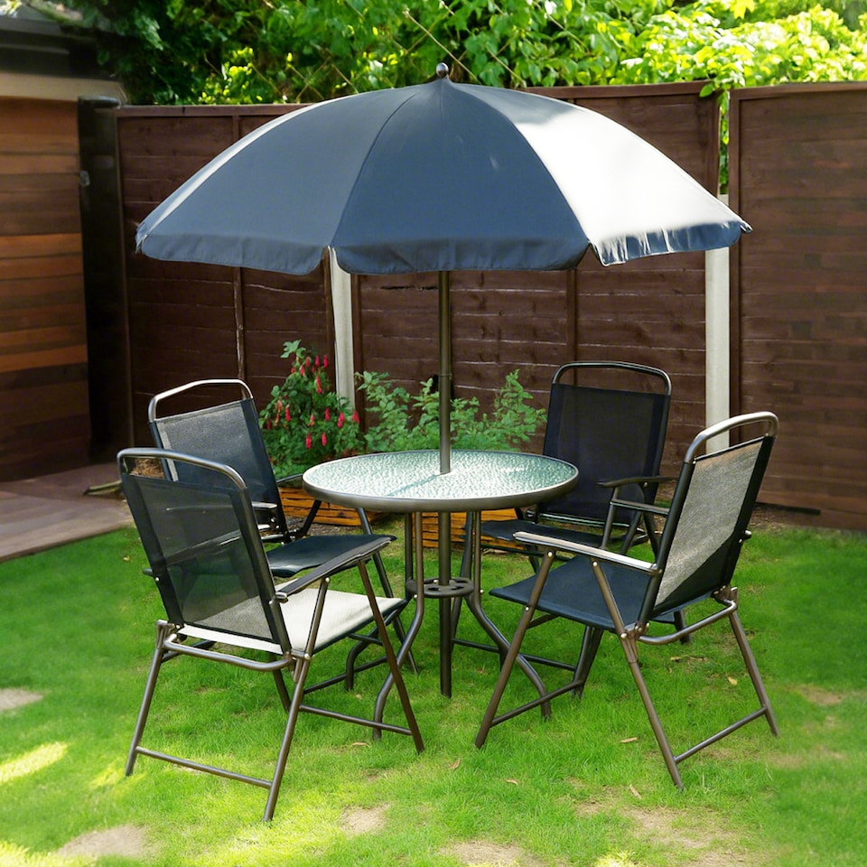 image 1 of Outsunny 6 Piece Garden Dining Set with Umbrella, Patio Sets with Parasol with 4 Folding Dining Chairs & Round Tempered Glass Table, Black
