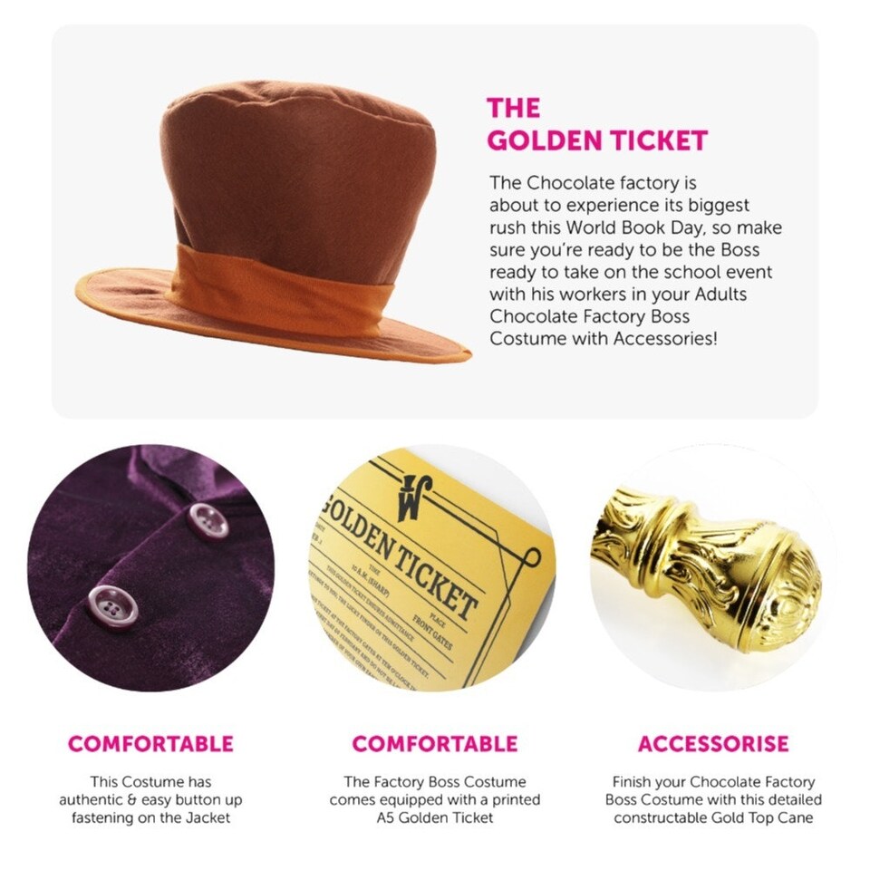 image 1 of Factory Boss Costume - Cane & Golden Ticket Purple | L