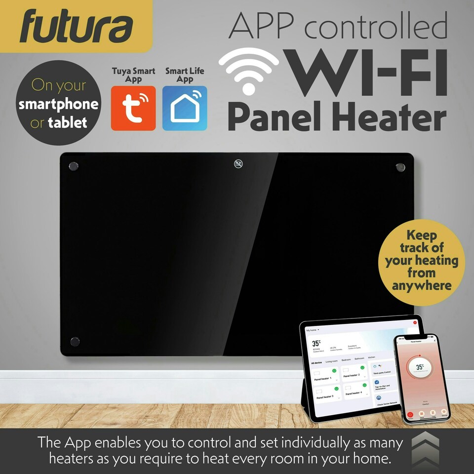 image 1 of Futura 1500W Smart Wifi Heater Electric Panel Wall Mounted Black Glass Radiator