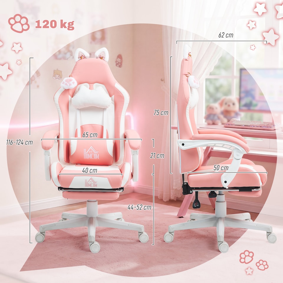 image 1 of HOMCOM Gaming Chair with Footrest, Reclining Computer Chair, Pink