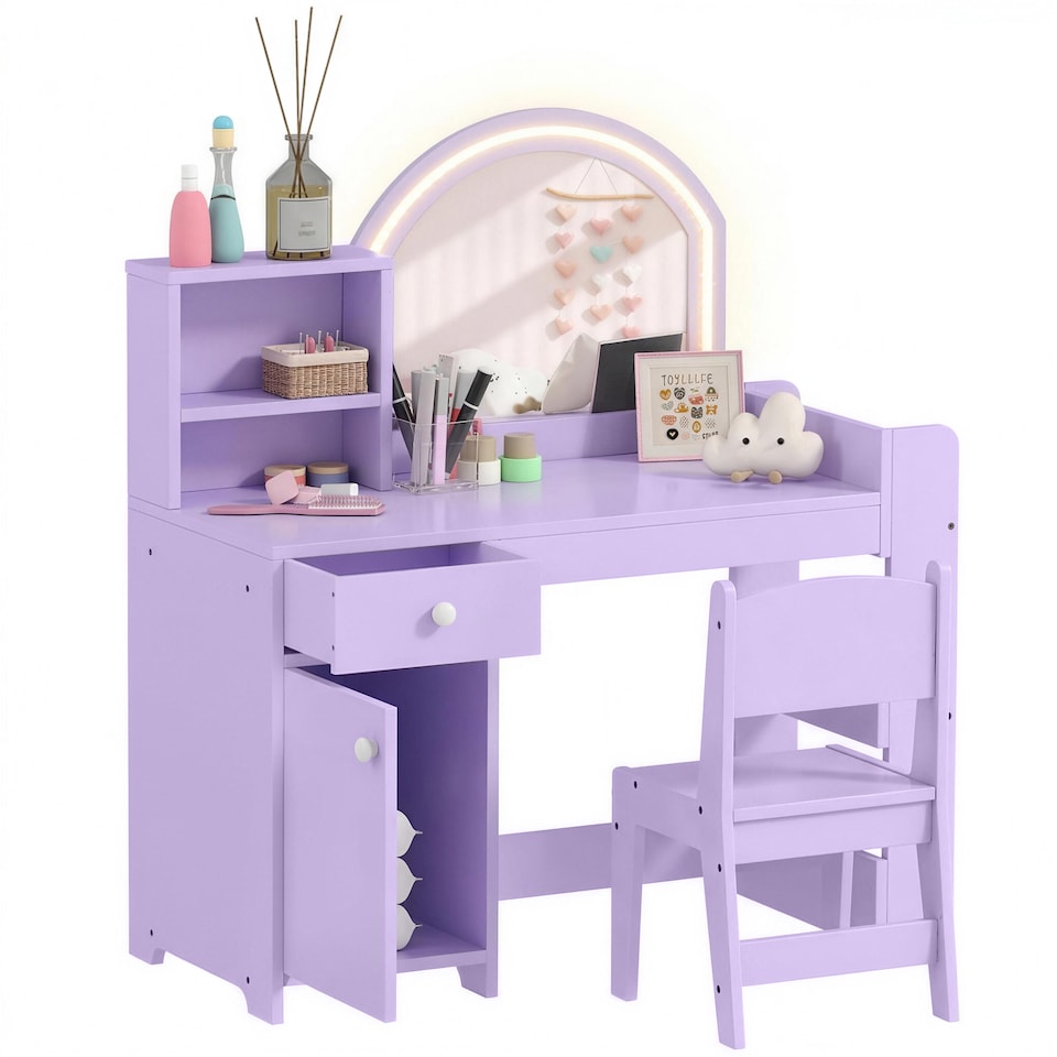 image 1 of AIYAPLAY Girls Dressing Table with 2-Colour LED Mirror and Stool, Purple