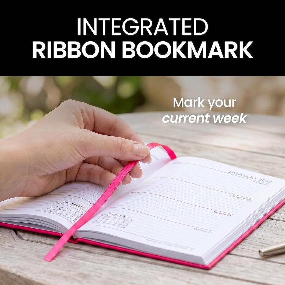 image 1 of 2027 Diary A5 Week to View - Hardback Planner Organiser with Ribbon Bookmark - Weekly Appointment Journal Notebook (Cerise) | Pink | Cerise
