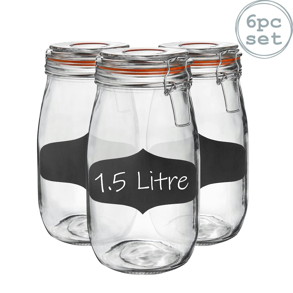 image 1 of Argon Tableware Glass Storage Jars with Labels - 1.5 Litre - Orange Seal - Pack of 6