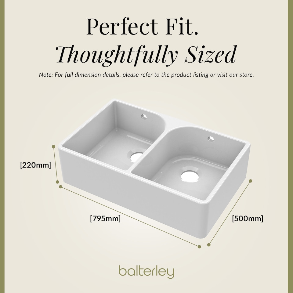 image 1 of Fireclay 2 Bowl Full Weir Butler Sink Overflow Tap Waste 795mm | White | White | 500 x 795 x 220mm