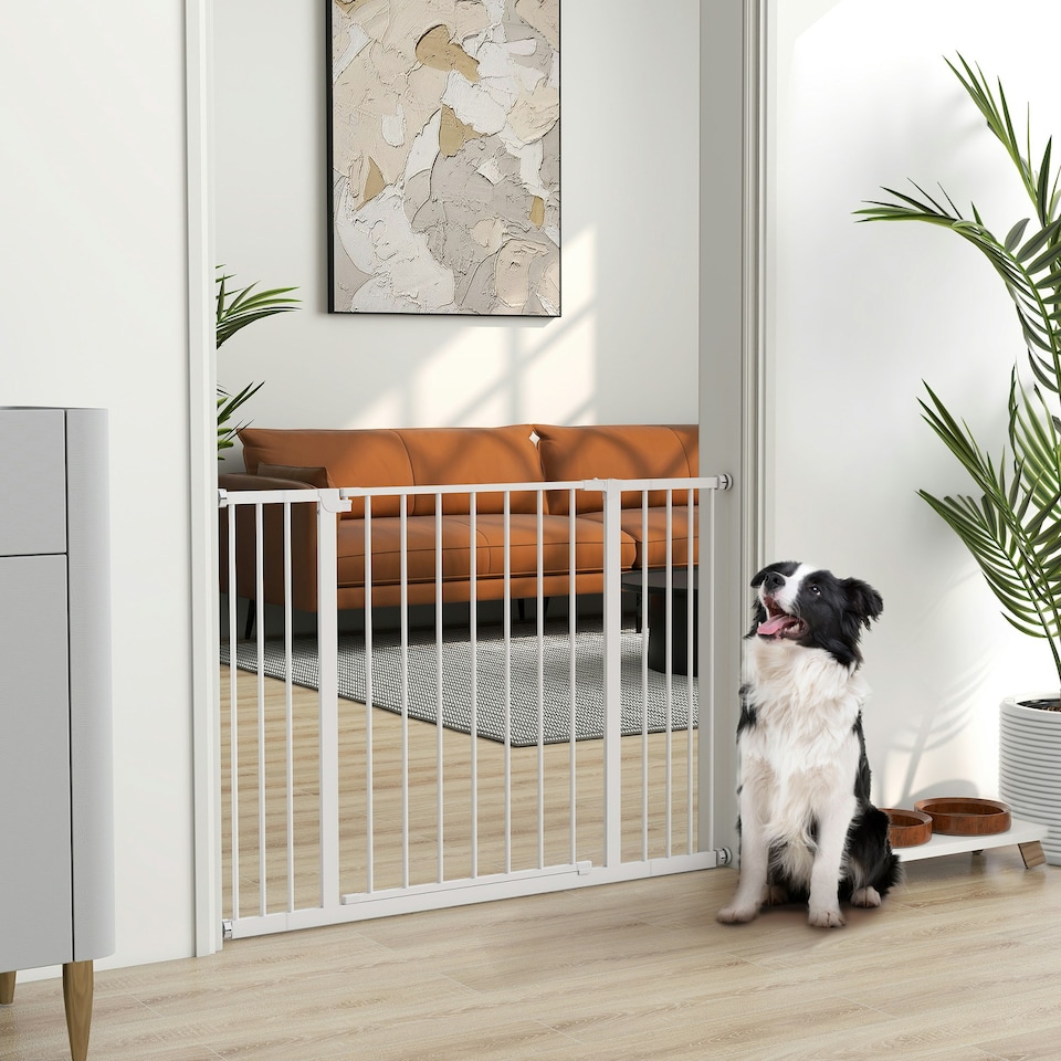 image 1 of PawHut Pressure Fitted Pet Dog Safety Gate Metal Fence 76 cm Tall, White