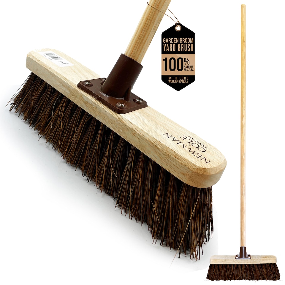 image 1 of Heavy Duty 12" Sweeping Brush Outdoor Garden Broom with Stiff Natural Bassine Bristles, Reinforced Bracket & 120cm Wooden Handle