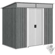 Outsunny 6.5 x 4FT Galvanised Metal Garden Shed with Double Sliding Doors and 2 Vents, Lockable Tool Storage House with Foundation Kit, Light Grey Wood Effect | Grey | 1