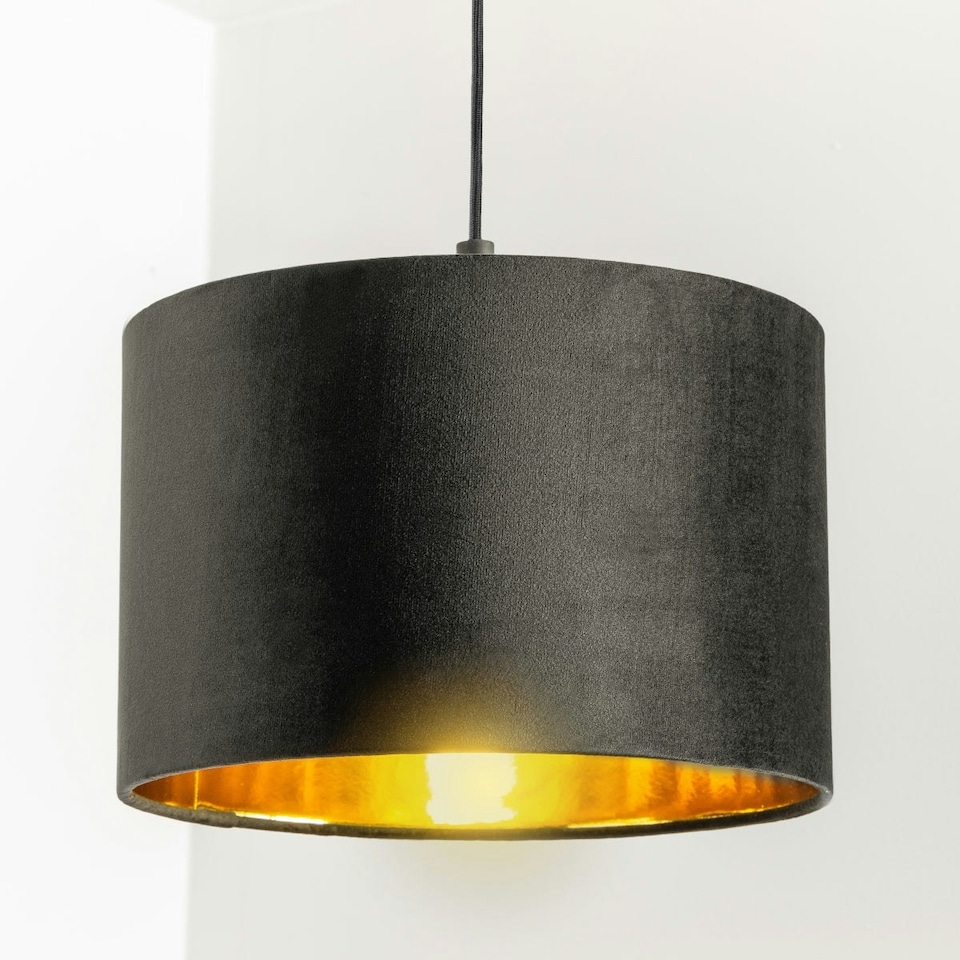 image 1 of CGC NILA Luxury Black Velvet & Gold Inner Round Pendant Drum Lamp Shade Black