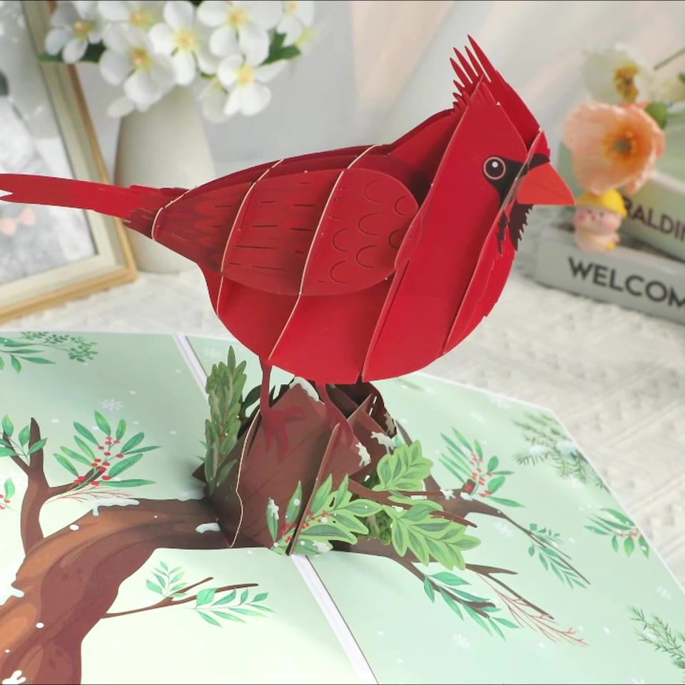 image 1 of Red Cardinal Charm 3D Pop Up Greeting Card